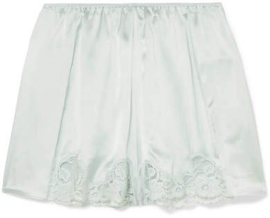 Lace-trimmed Silk-satin Shorts - Green