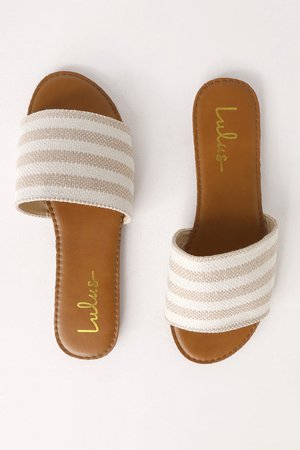 Cute Tan Slides - Striped Slide Sandals - Flat Slide Sandals