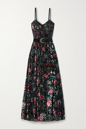 Belted Lace-paneled Floral-print Devore-velvet Maxi Dress - Black