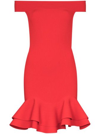 Shop red Alexander McQueen off-the-shoulder ruffle trim cocktail dress with Express Delivery - Farfetch