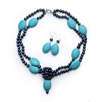 Double Strands Potato Black Pearls Blue Turquoise Necklace Earrings Set TNJ002 Wholesale jewelry,beads - Pearls,coral,gemstone,turquoise jewelry