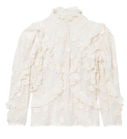 white silk ruffle blouse