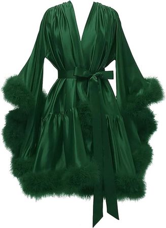 yinyyinhs Sexy Women's Feather Robe Silk Satin Bridal Dressing Gowns Short Nightgown Bathrobe Sleepwear Maternity Robe Green Size XXXL at Amazon Women’s Clothing store