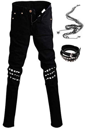 Staringirl Mens Punk Hiphop Revits Pants Black Denim Jeans Pencil Trousers+Chain at Amazon Men’s Clothing store