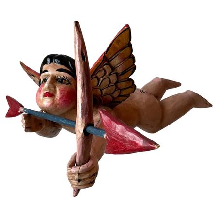 Hanging Mexican Wooden Cupid with Bow For Sale at 1stDibs