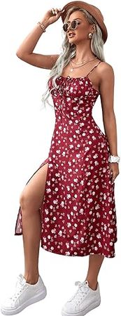 Amazon.com: Floerns Women's Floral Print Self Tie Front Ruched Bust Split Thigh Midi Dress : Clothing, Shoes & Jewelry