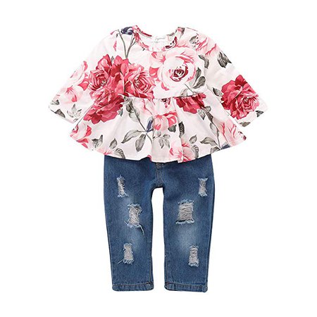Amazon.com: Toddler Baby Girls Clothes 2Pcs Flower Ruffle T-Shirt+ Ripped Jeans Denim Pants Outfits Sets: Clothing