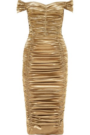 Dolce & Gabbana | Off-the-shoulder ruched silk-blend Lurex midi dress | NET-A-PORTER.COM