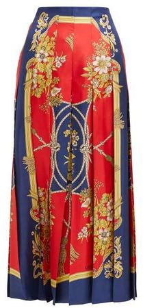 Floral Print Pleated Silk Faille Midi Skirt - Womens - Red Print