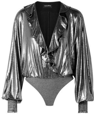 Fiona Wrap-effect Ruffled Stretch-lamé Thong Bodysuit - Silver