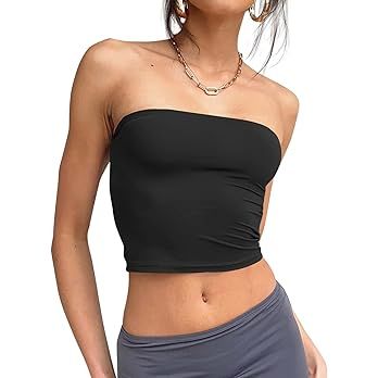 Trendy Queen Strapless Tops for Women Sexy Tube Bandeau Basic Backless Crop Tops Cute Summer Vacation Outfits 2024 Sleeveless Slim Fit Y2k Shirts Teen Girls Clothes Black at Amazon Women’s Clothing store