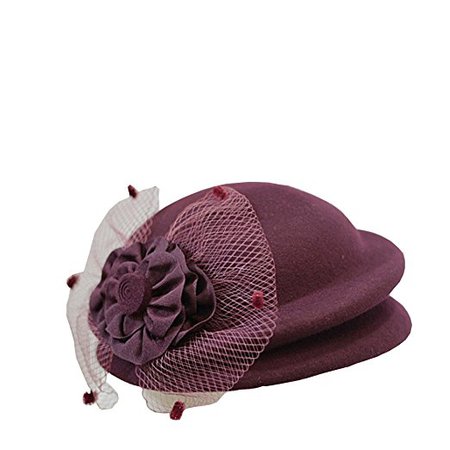 NE Norboe Double Layer Pillbox Hats Wool Church Hat Beret Stewardess Cap Flower Veil for Womens (wine) at Amazon Women’s Clothing store:
