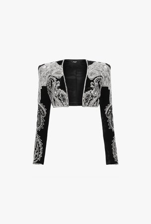 Balmain, Cropped black silk jacket with black and silver embroidery