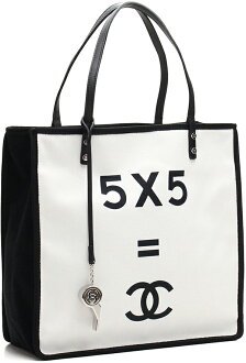 kaminorth shop: CHANEL Chanel white X black tote bag 5 X 5=CC shoulder bag here mark logo bag bag back whistle charm Y10894 C0200 let's lemon straight canvas X leather flute | Rakuten Global Market
