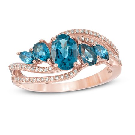 London Blue Topaz and 0.12 CT. T.W. Diamond Five Stone Double Row Ring in 10K Rose Gold | View All Gemstones | Peoples Jewellers