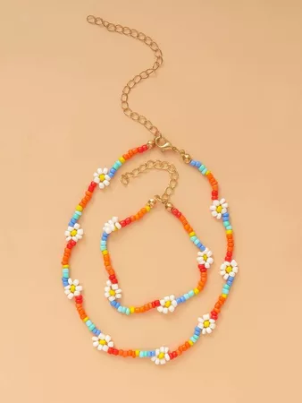 1pc Flower Decor Beaded Necklace & 1pc Bracelet | SHEIN USA