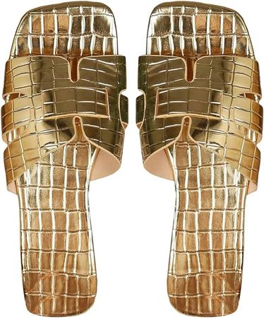 Amazon.com: GORGLITTER Women's Metallic H Band Flat Sandals Slip on Sandals Open Toe Sparkle Slides Sandals Glod EUR42 : Clothing, Shoes & Jewelry