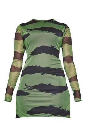 Khaki Print Mesh Side Split Detail Bodycon Dress | PrettyLittleThing USA