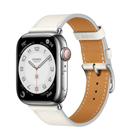 Apple Watch Hermès Series 8 GPS + Cellular, 41mm Silver Stainless Steel Case with Blanc Swift Leather Single Tour - Apple