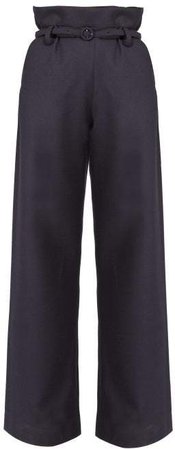 Paperbag Waist Flannel Trousers - Womens - Navy