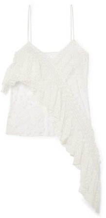 Asymmetric Shirred Embroidered Tulle Camisole - White