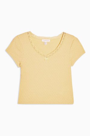 Yellow Ribbed Crop Lace Trim T-Shirt | Topshop