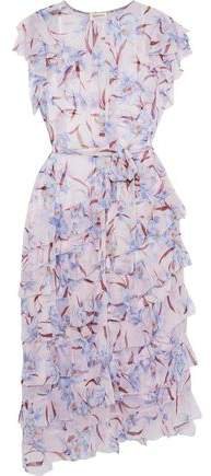 Corsage Flutter Tiered Floral-print Silk-chiffon Midi Dress