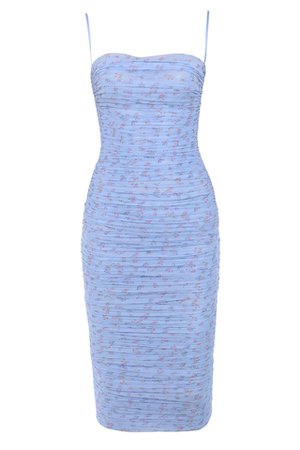 Clothing : Bodycon Dresses : 'Sirene' Blue Floral Ruched Midi Dress
