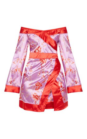 Lilac Bardot Oriental Flare Sleeve Bodycon Dress | PrettyLittleThing