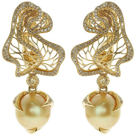 Golden South Sea Pearl Brown Diamond 18 Karat Yellow Gold Winter Cherry Earrings by Mousson Atelier