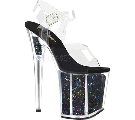 Womens Pleaser Flamingo 808GF Heeled Sandal - Clear/Black Multi Glitter Synthetic - FREE Shipping & Exchanges