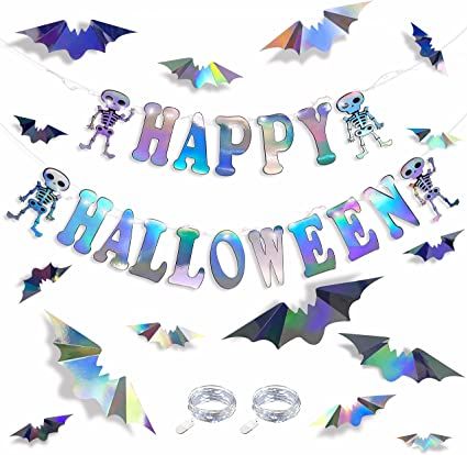 Amazon.com: Happy Halloween Banner Sign Iridescent Skull Hanging Bunting with 3D Bat Wall Decal Sticker in Holographic Black Silver with LED String Light for Halloween All Hallows Eve Birthday Party Decorations : Home & Kitchen