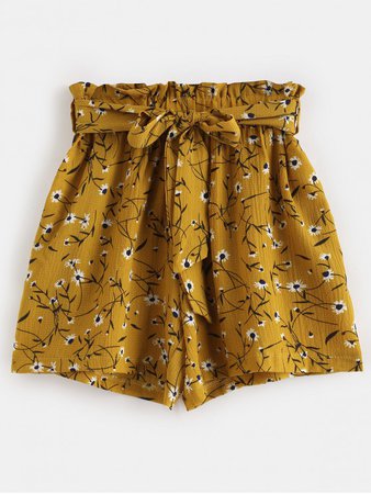 [36% OFF] [HOT] 2019 Belted High Waisted Floral Shorts In BEE YELLOW | ZAFUL NZ