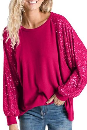 ALLTB Women's Sequin Tops Sparkle Long Sleeve Blouses Shimmer Glitter Sweatshirt Party Crewneck Loose Fit Shirts Rose Red at Amazon Women’s Clothing store