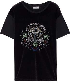Embroidered Jersey-paneled Stretch-velvet T-shirt