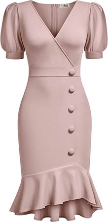 AISIZE Women's Vintage V-Neck Ruffle Hem Cocktail Bodycon Dress Medium Pink at Amazon Women’s Clothing store