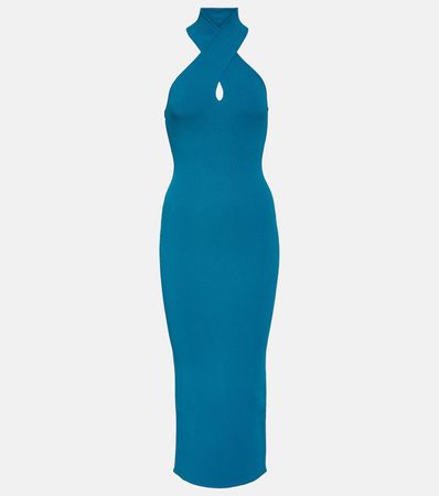 Halterneck Bodycon Midi Dress in Blue - Alaia | Mytheresa