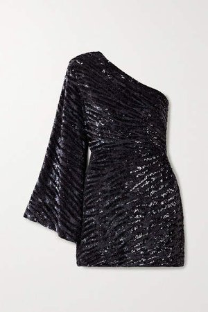 Gloria One-sleeve Sequined Satin Mini Dress - Black