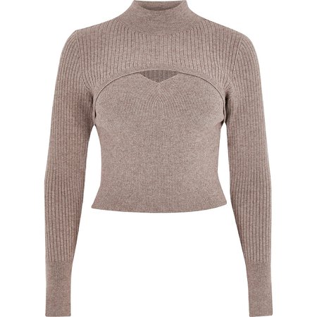 Brown long sleeve 2 in 1 fitted knit set | River Island
