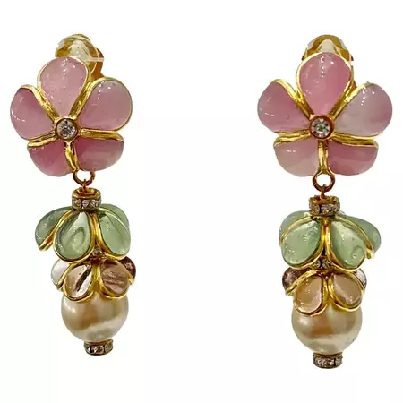 Pate De Verre Flower and Pearl Drop Earrings For Sale at 1stDibs