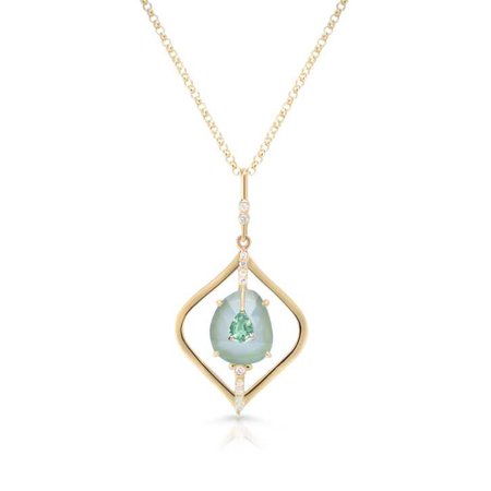 Moderne Milky Aqua with Green Sapphire Pendant Necklace, Diamonds, 14K Yellow Gold - Loriann Jewelry