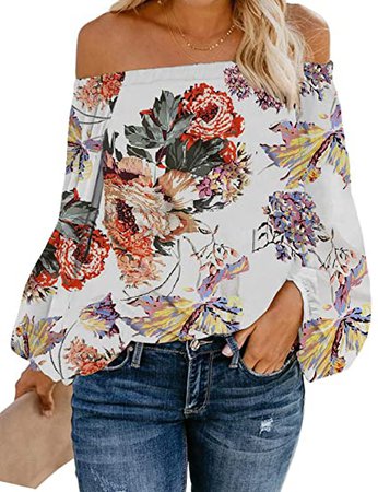 Women's Casual Off Shoulder Loose Shirt Balloon Sleeve Printed Blouse Top Army Green at Amazon Women’s Clothing store