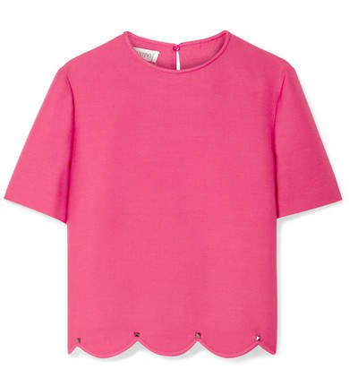 Studded Scalloped Wool And Silk-blend Crepe Top - Pink