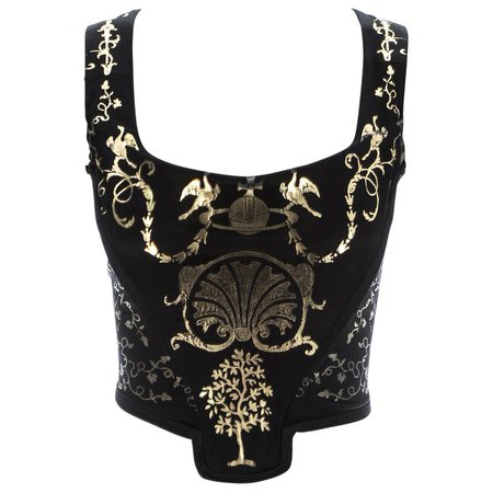 Viviene Westwood black satin corset with metallic gold motifs, ca. 1990 For Sale at 1stdibs