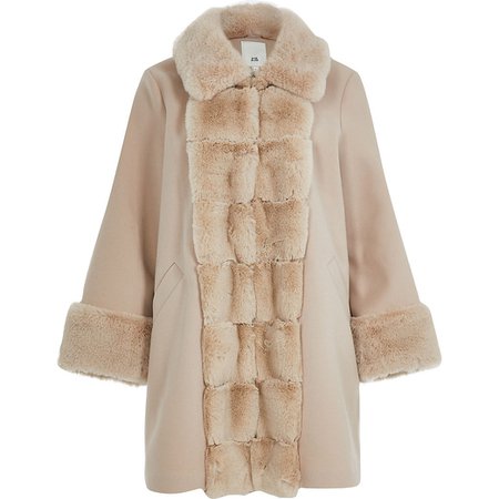 Pink faux fur panelled swing coat | River Island