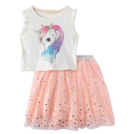 Girls' Unicorn Ruffle Tank And Starry Foil Skirt 2-Piece Outfit Set - Walmart.com