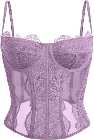 Dealmore Womens Lace Mesh Sexy Vintage Spaghetti Strap Open Back Boned Corset Going Out Party Top at Amazon Women’s Clothing store