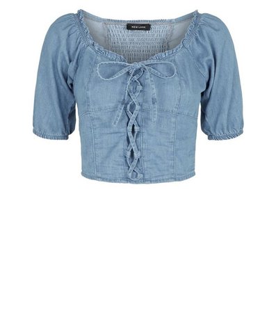 Blue Denim Lace Up Milkmaid Top | New Look