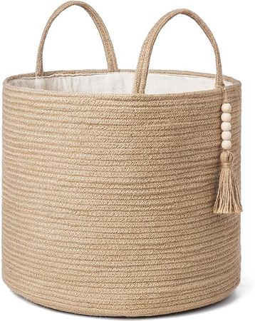 Amazon.com: Mkono Woven Storage Basket Decorative Rope Basket Wooden Bead Decoration for Blankets,Toys,Clothes,Shoes,Plant Organizer Bin with Handles Living Room Home Decor, Jute, 16" W × 13.8"L : Home & Kitchen