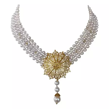 Marina J. Pearl Woven Necklace with 18k Yellow Gold Plated Floral Centerpiece For Sale at 1stDibs